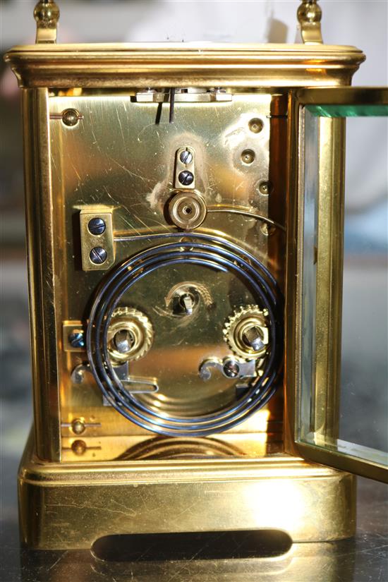 A 20th century gilt brass repeating carriage clock with Roman numeral dial height 13cm